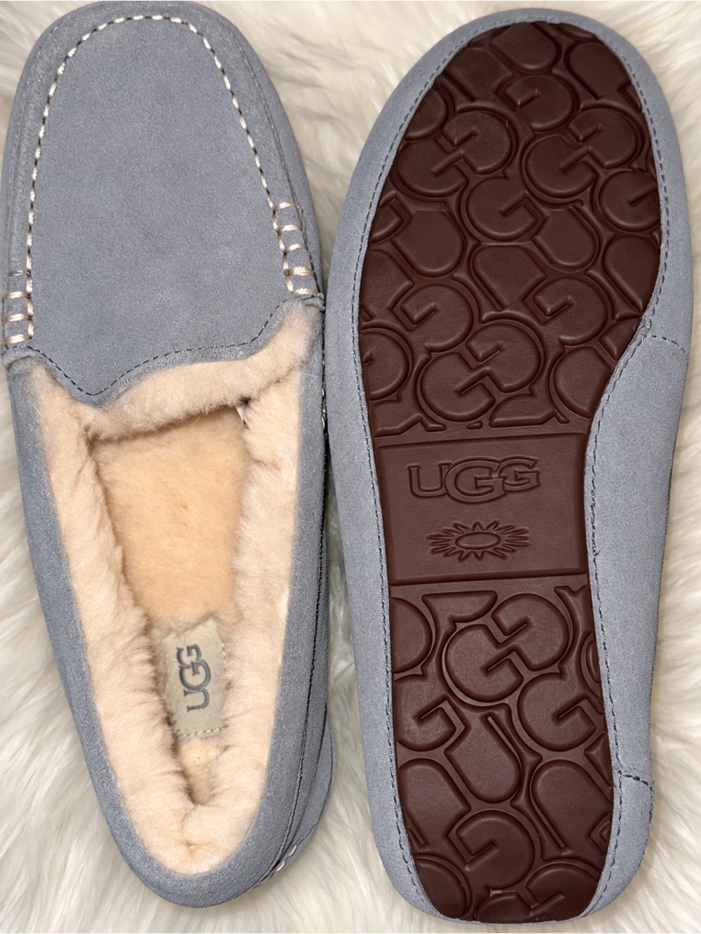 UGG Women's Grey Suede Moccasin Slippers with Shearling Lining